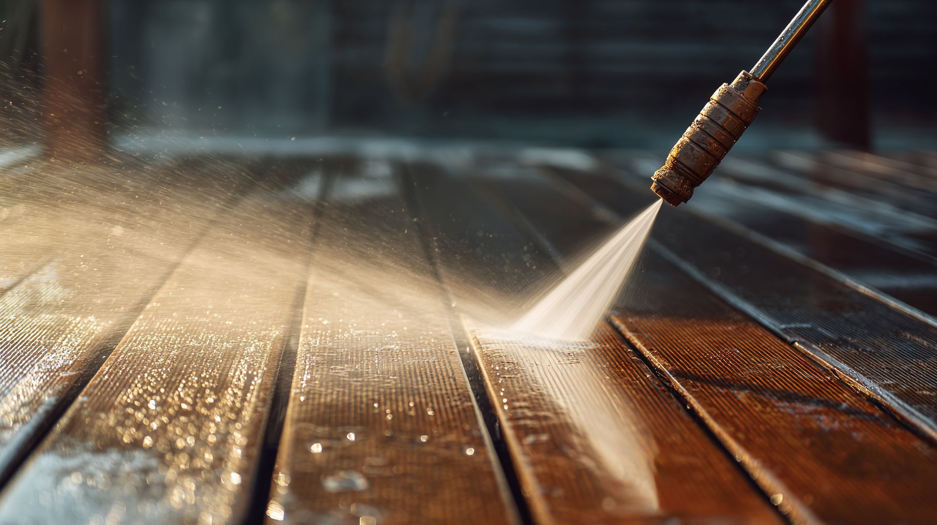 Pressure washer cleaning a wooden deck, spraying water.