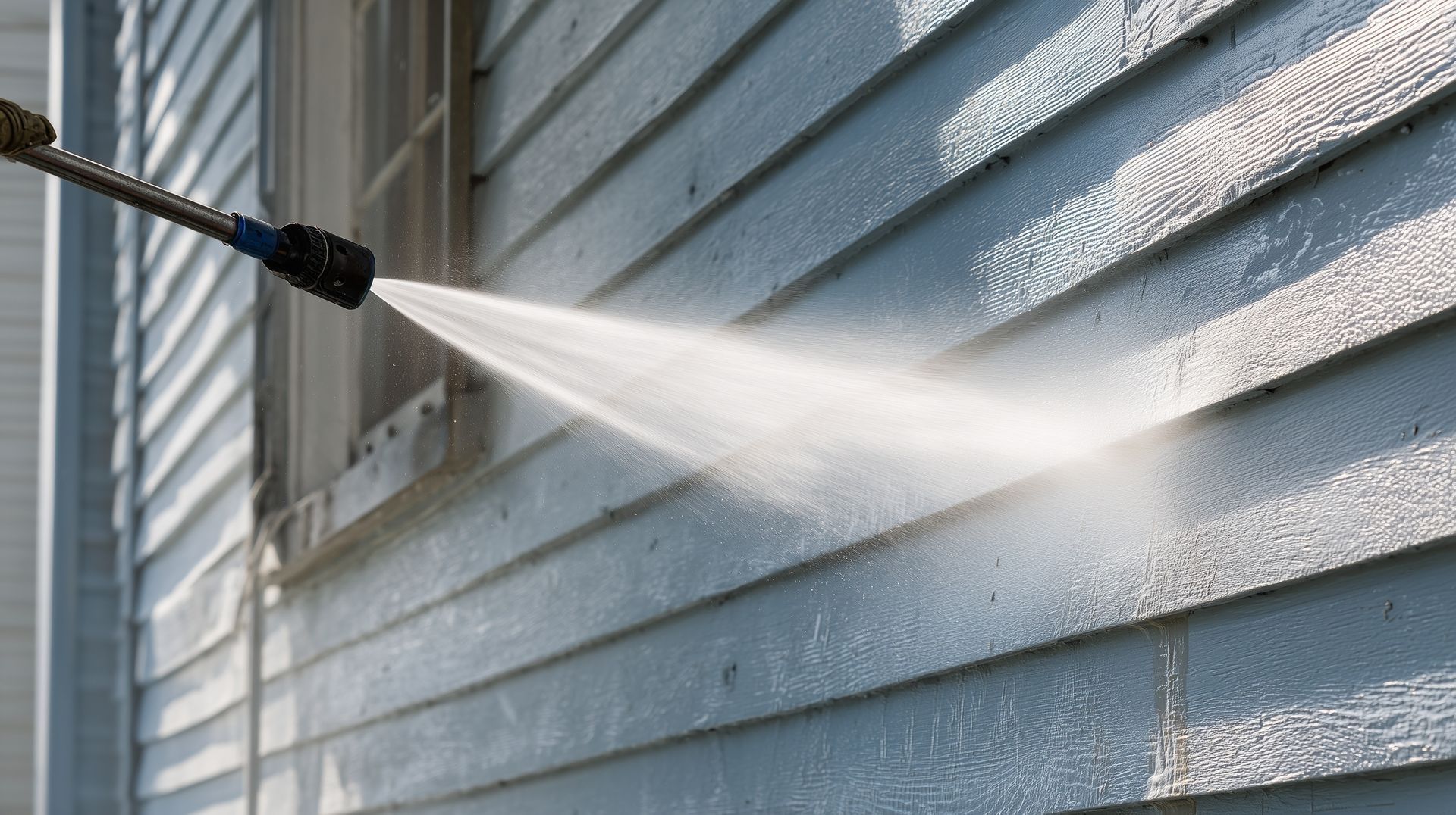 Pressure washer spraying water on blue siding of a house.