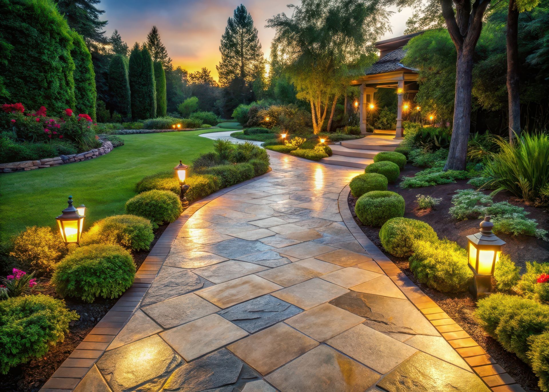 Stone path in a lush garden, illuminated by soft lights at dusk.