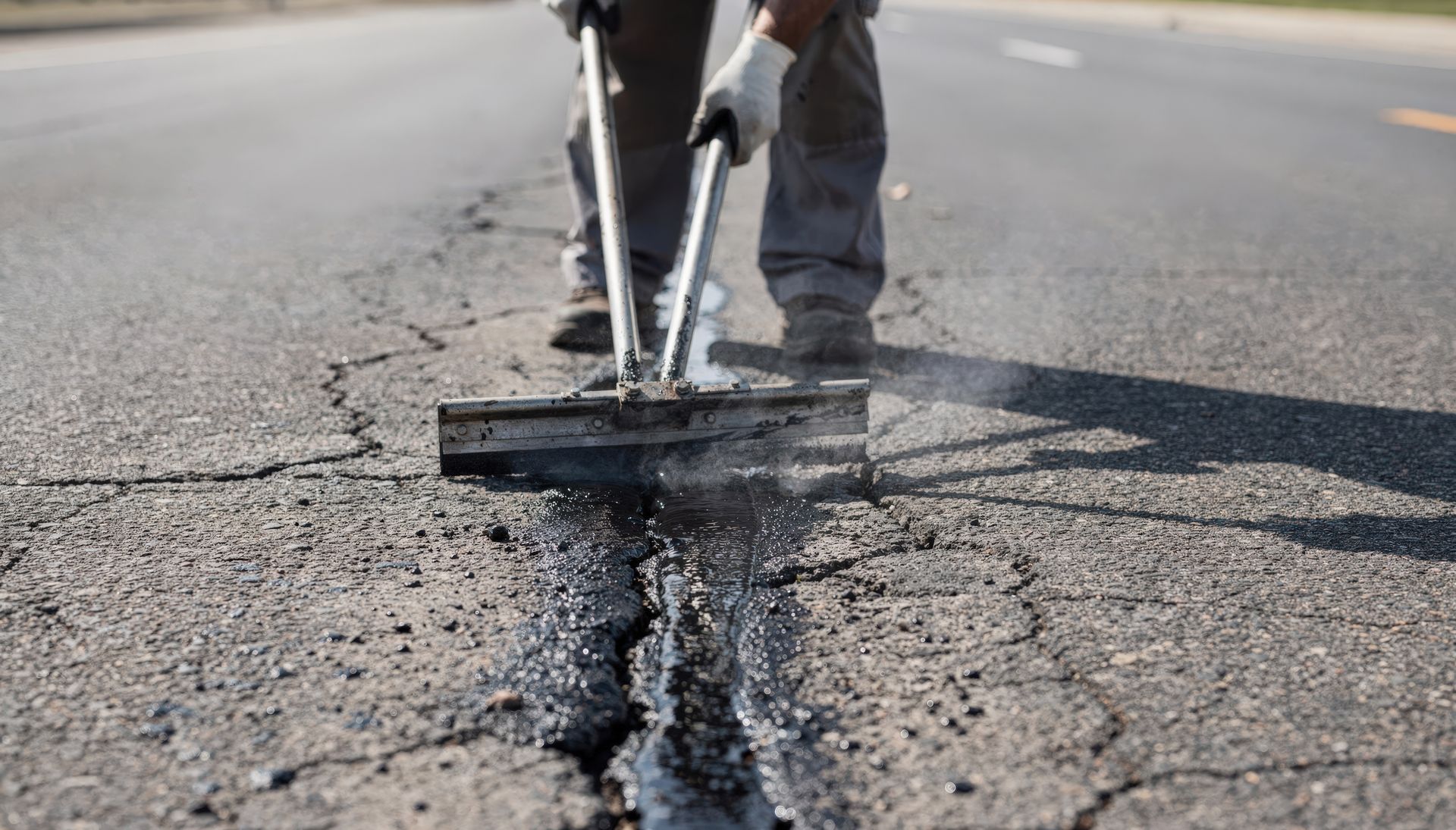 Person repairing asphalt road crack with a tool, outdoors on a sunny day.
