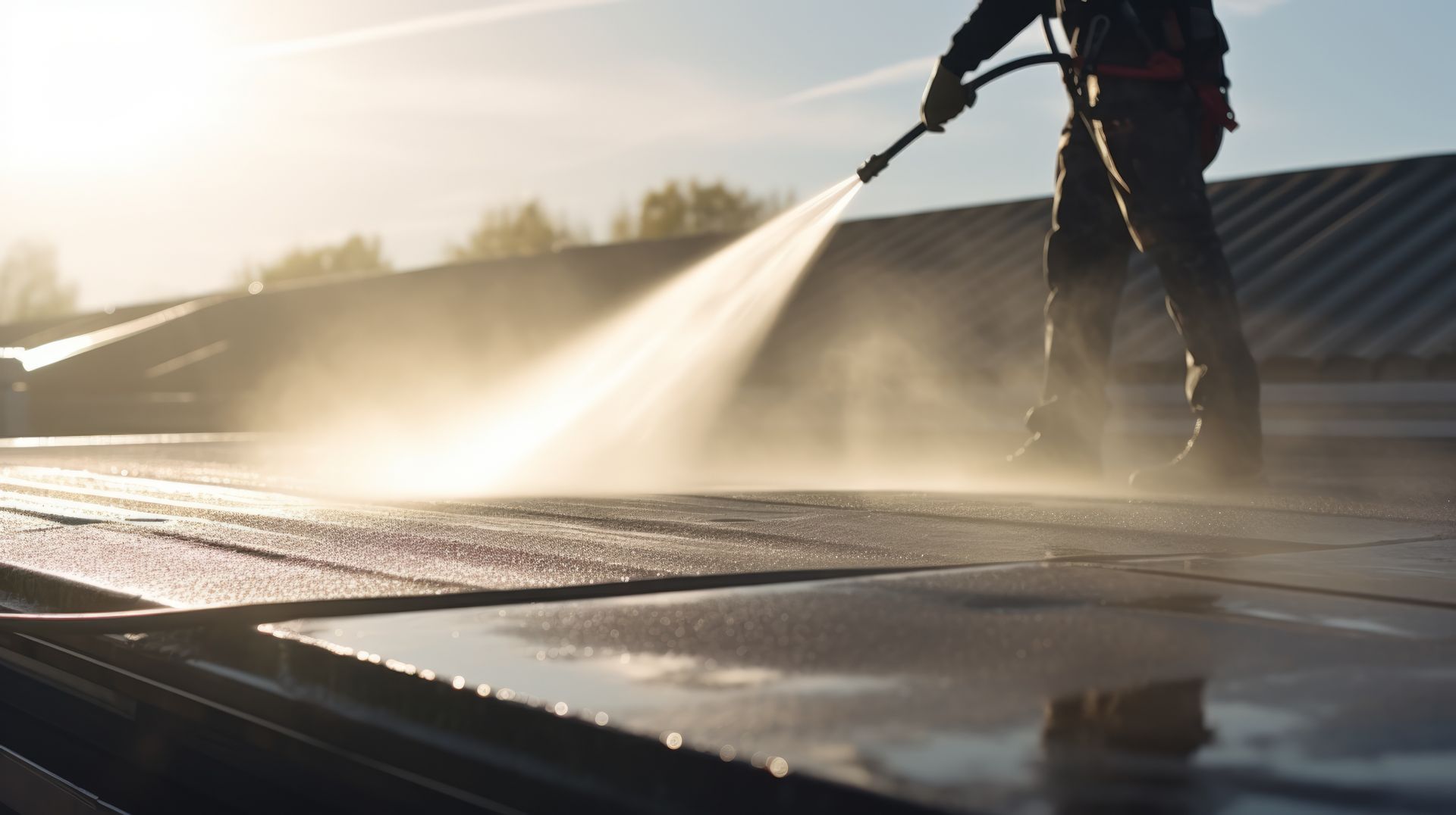 Person power washing a rooftop with sun in the background, creating mist.