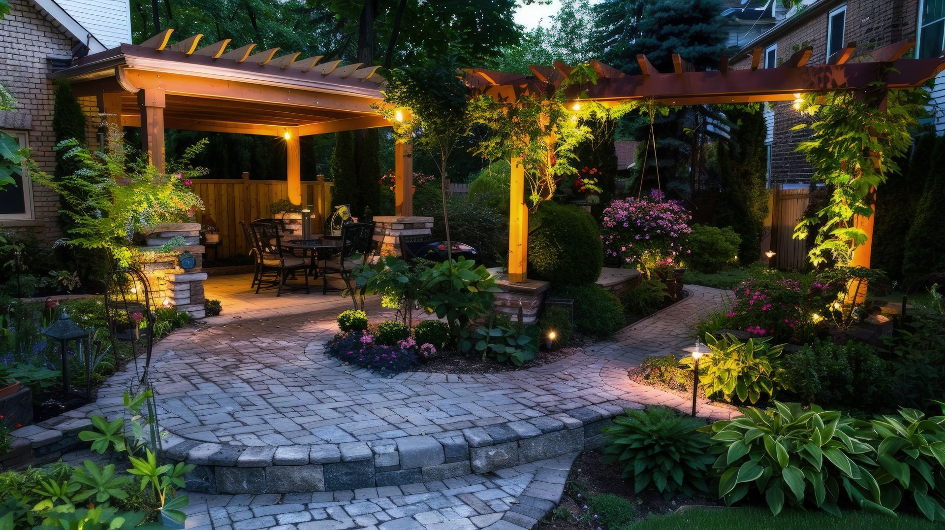 Stone patio with pergola, lush greenery, and warm outdoor lighting at dusk.
