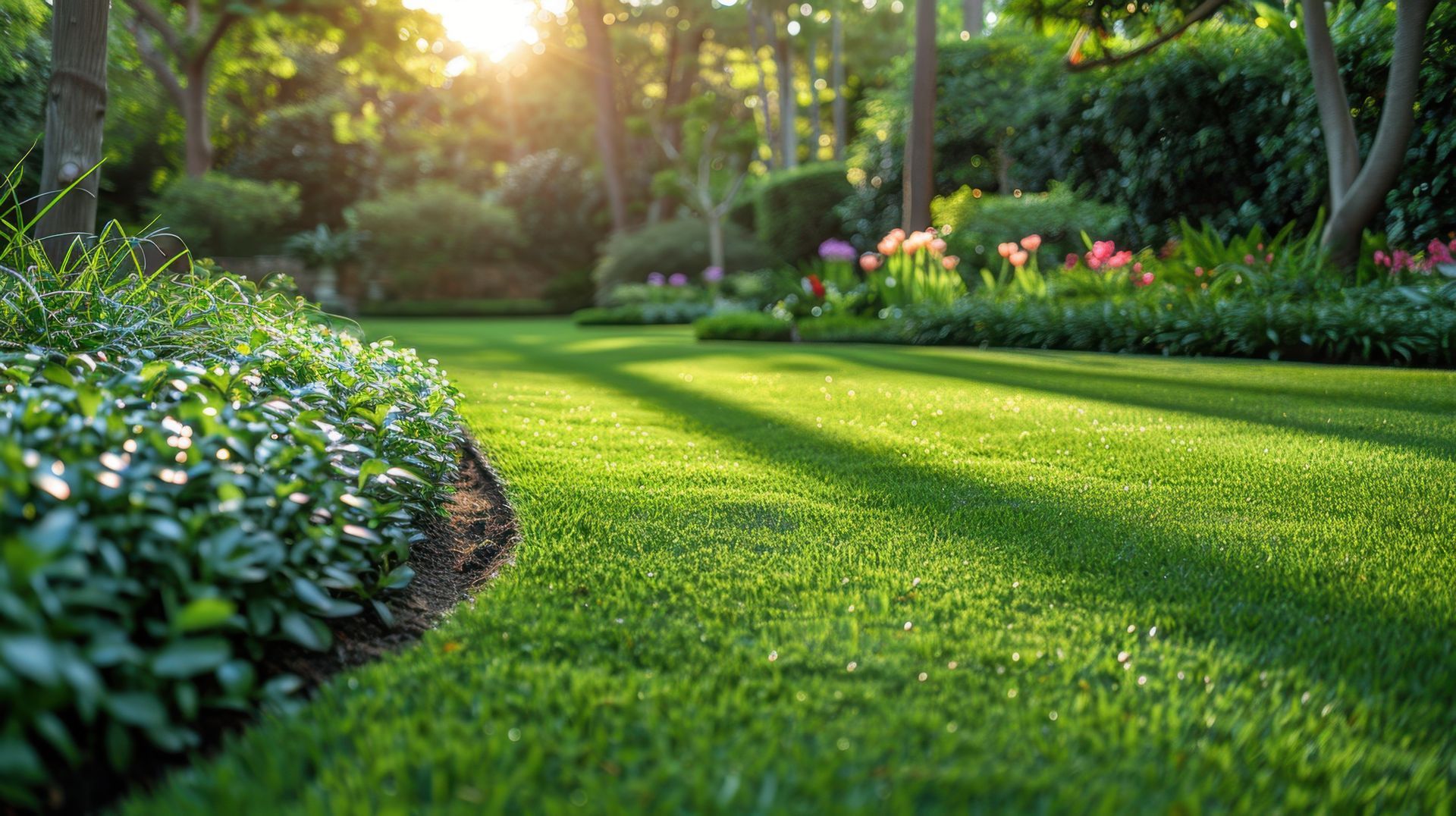 Lush green lawn in a sunlit garden, bordered by hedges and flowerbeds, trees in background.