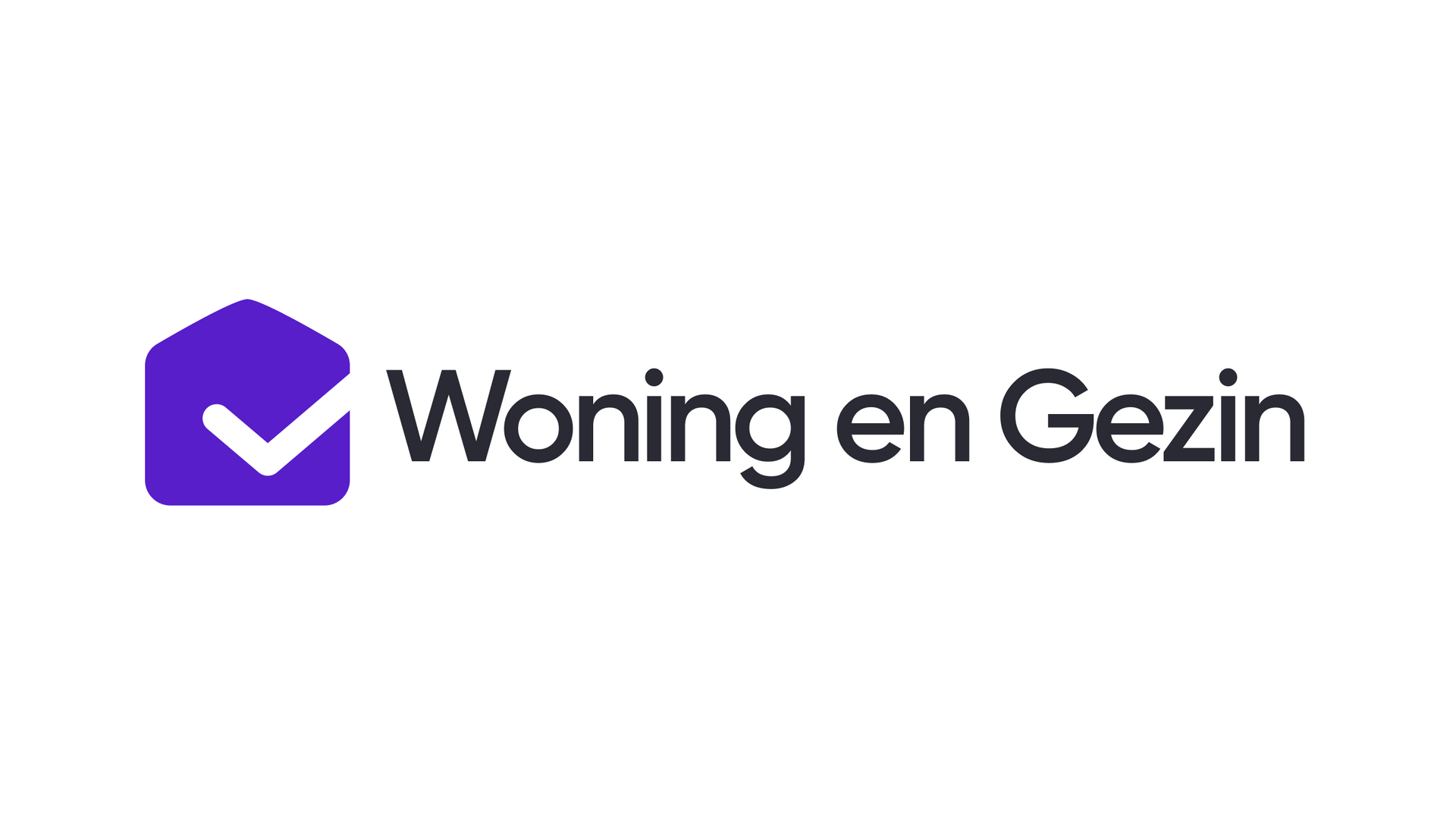 Een paars logo met een vinkje en de woorden woning en gezin.