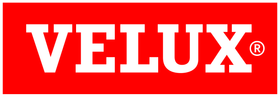 A red and white velux logo on a white background