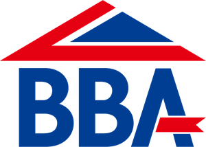 A logo for bba with a red white and blue roof