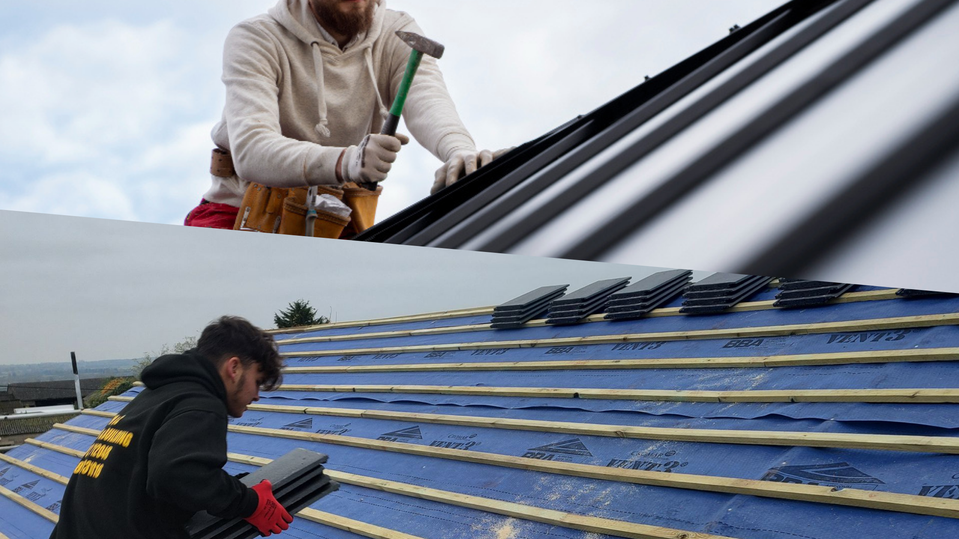 Split image of roof repar vs. roof replacement