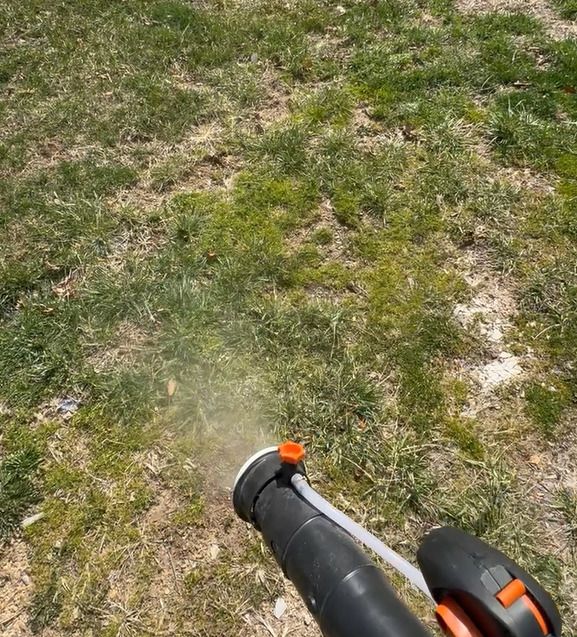 Person using a leaf blower on patchy lawn.