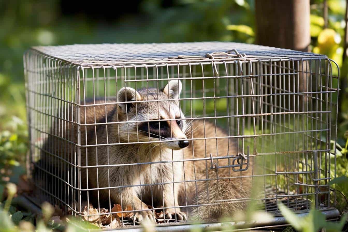 Raccoon trapped in a metal cage in a grassy outdoor setting.