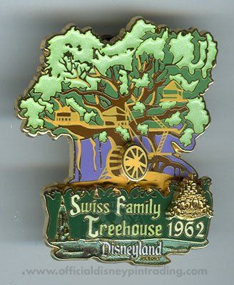 Pin: Swiss Family Treehouse 1962 at Disneyland. Green, brown treehouse with gold accents and text on a green banner.