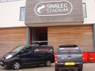 Radecarl Commercial Maintenance Vans outside Swlaec Stadium