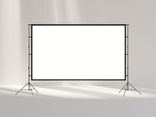 Projection screen on a black metal frame supported by two tripod stands.