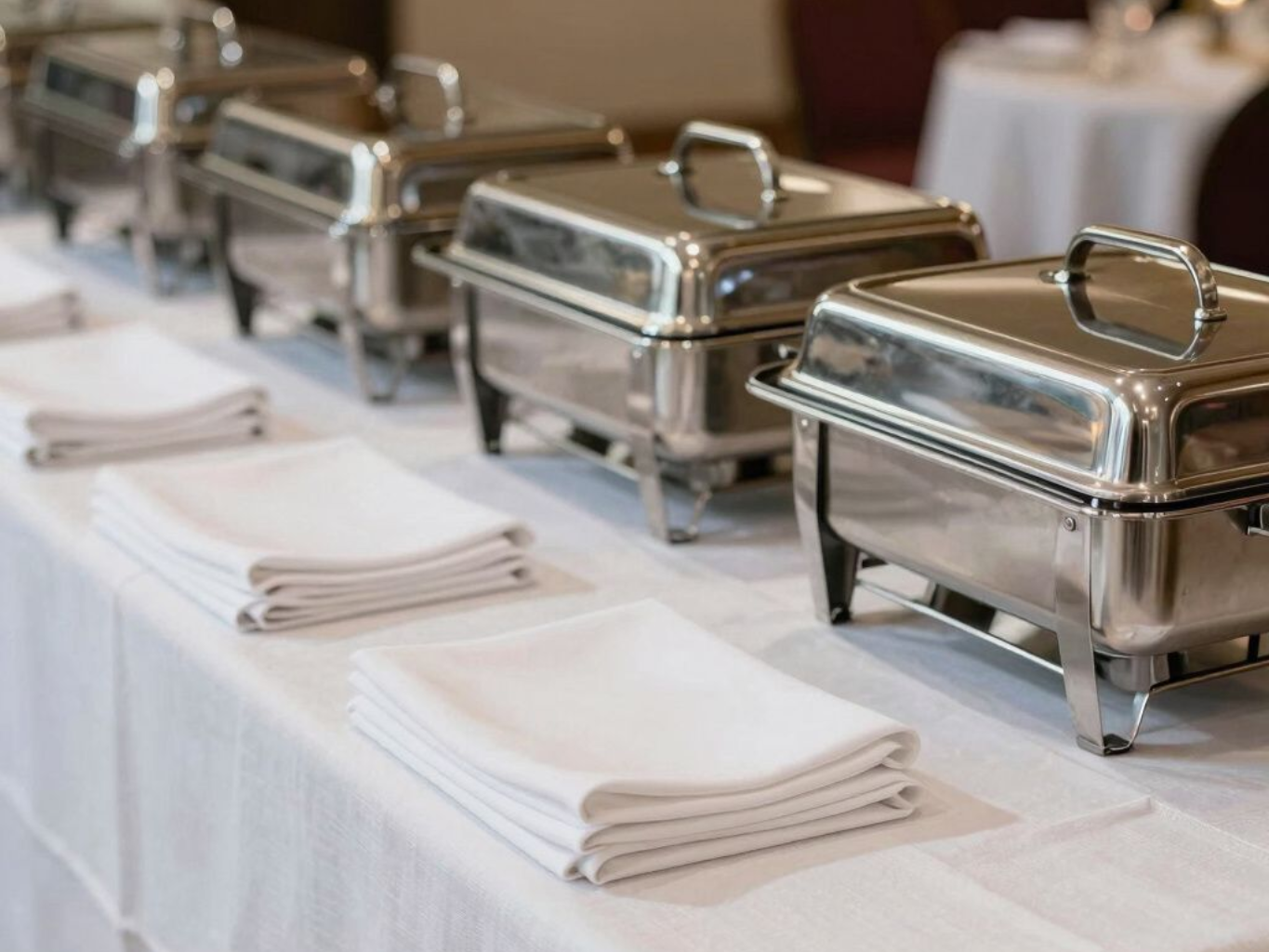Buffet with stainless steel chafing dishes and stacked white napkins on a white tablecloth.