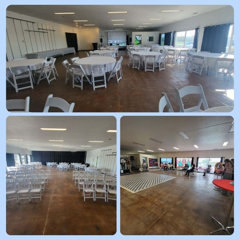 Three views of an event space: tables and chairs set up for dining, rows of chairs for an event, and a dance floor with people.
