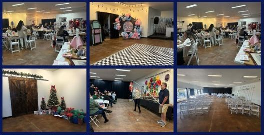 Six photos of an event venue, including guests seated at tables, party decorations, and rows of empty chairs.