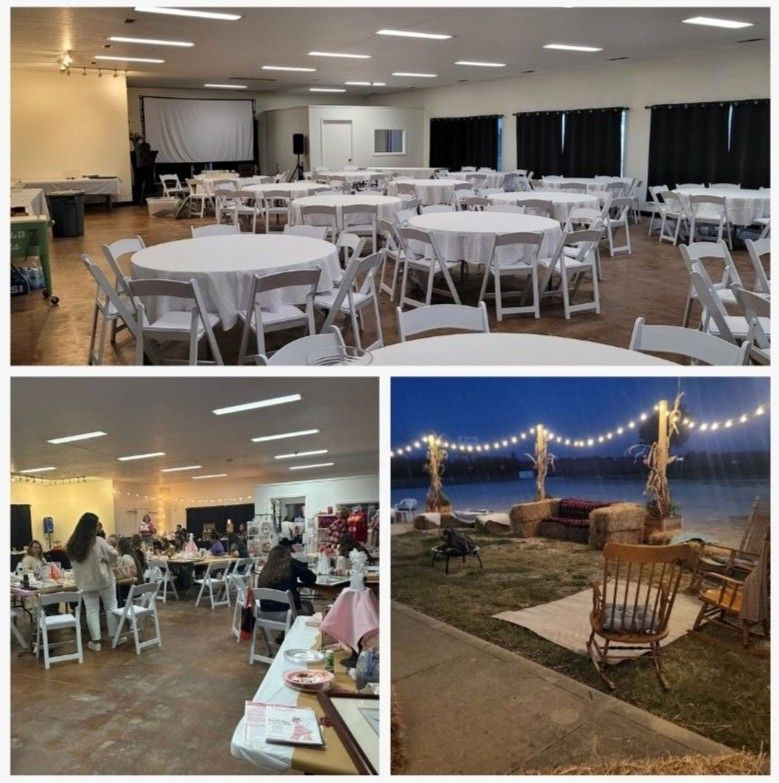 Three event spaces: A large room with round tables, a room with vendors, and an outdoor area with string lights.