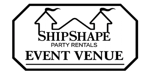 Shipshape Party Rentals logo: black and white outline of two house shapes with flags, and text.