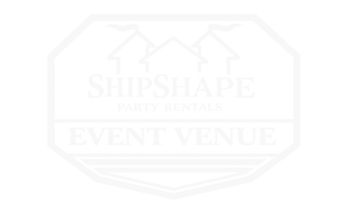 Shipshape Party Rentals logo: black and white outline of two house shapes with flags, and text.