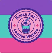 Logo for Krazy Kat's Loaded Waters. Pink, teal, and purple background with a circular badge featuring a drink and text.