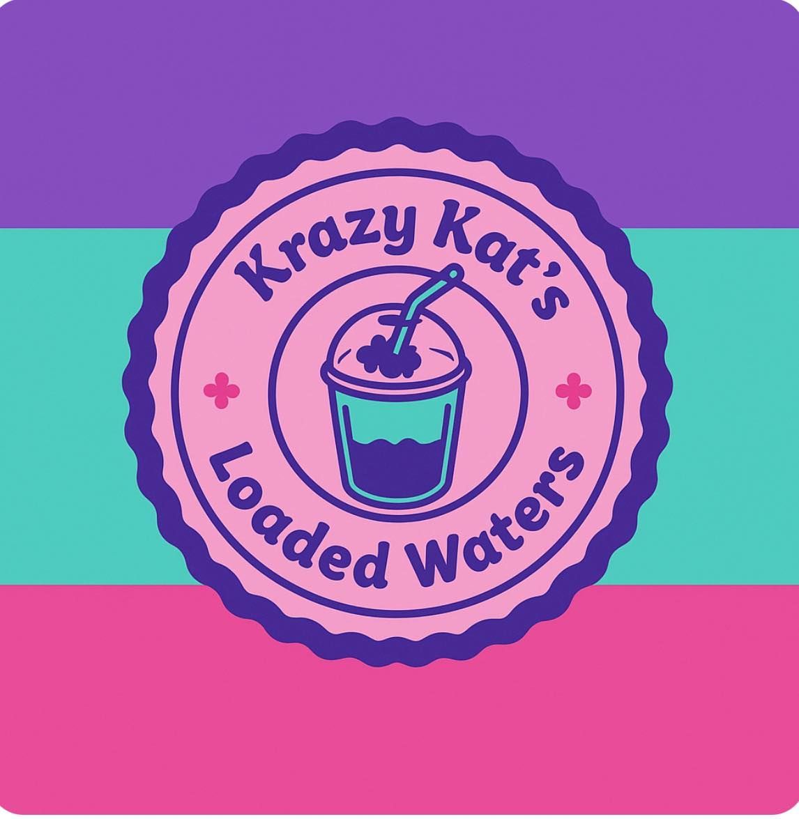 Logo for Krazy Kat's Loaded Waters. Pink, teal, and purple background with a circular badge featuring a drink and text.