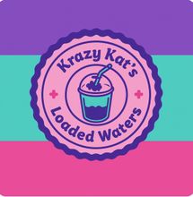 Logo for Krazy Kat's Loaded Waters. Pink, teal, and purple background with a circular badge featuring a drink and text.
