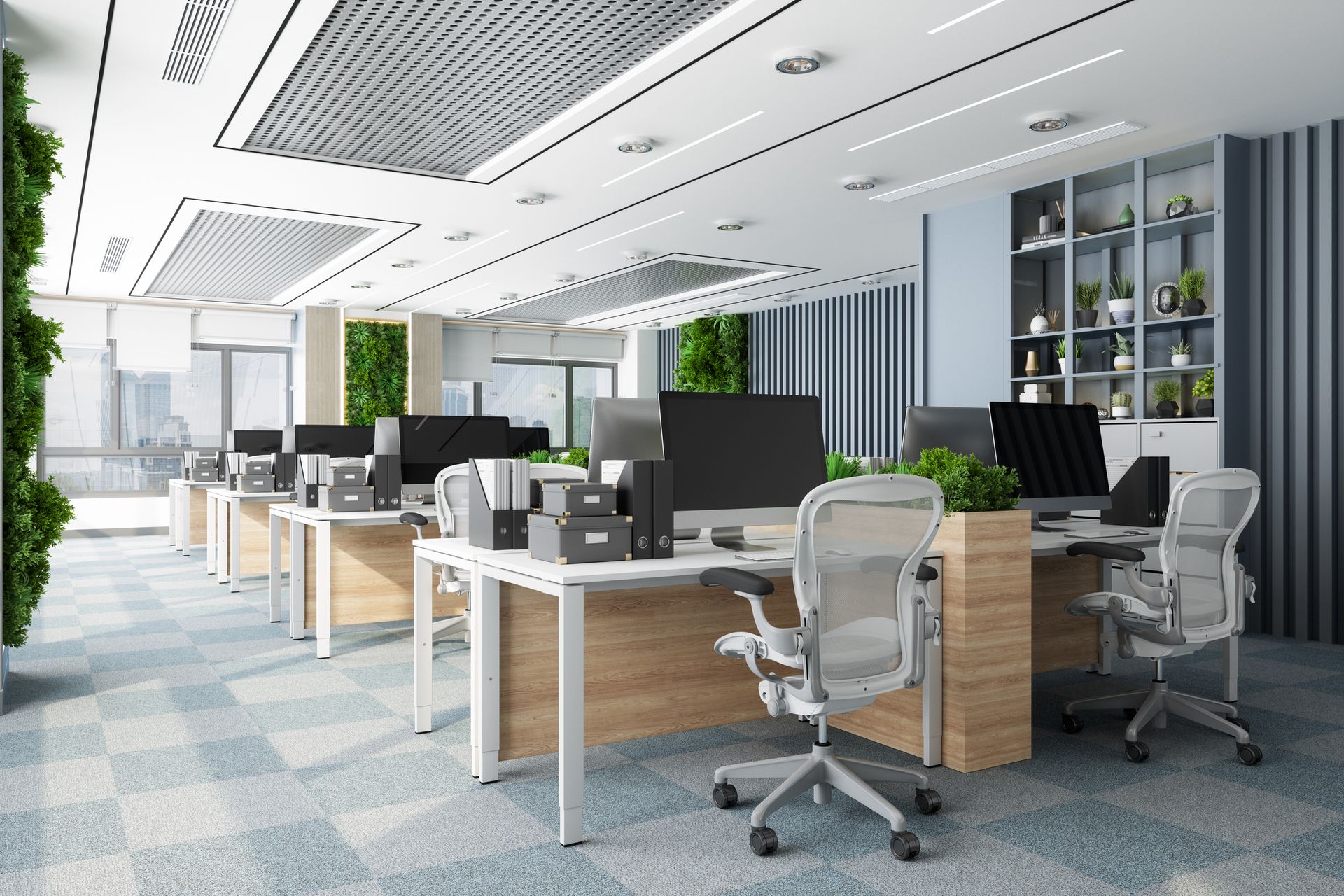 Eco-friendly open-plan office with modern tables, chairs, and vertical garden.