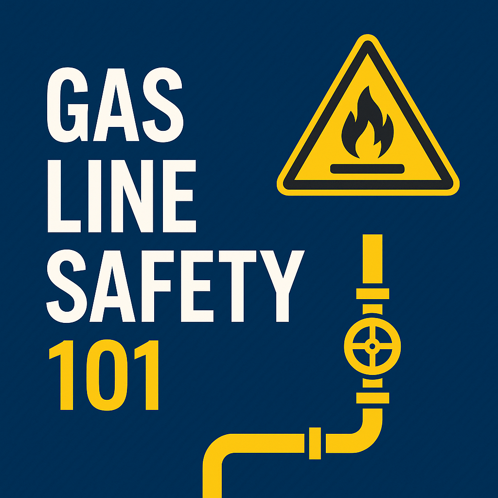 Gas line safety graphic with text, a flame warning sign, and a yellow gas pipe on a dark blue background.