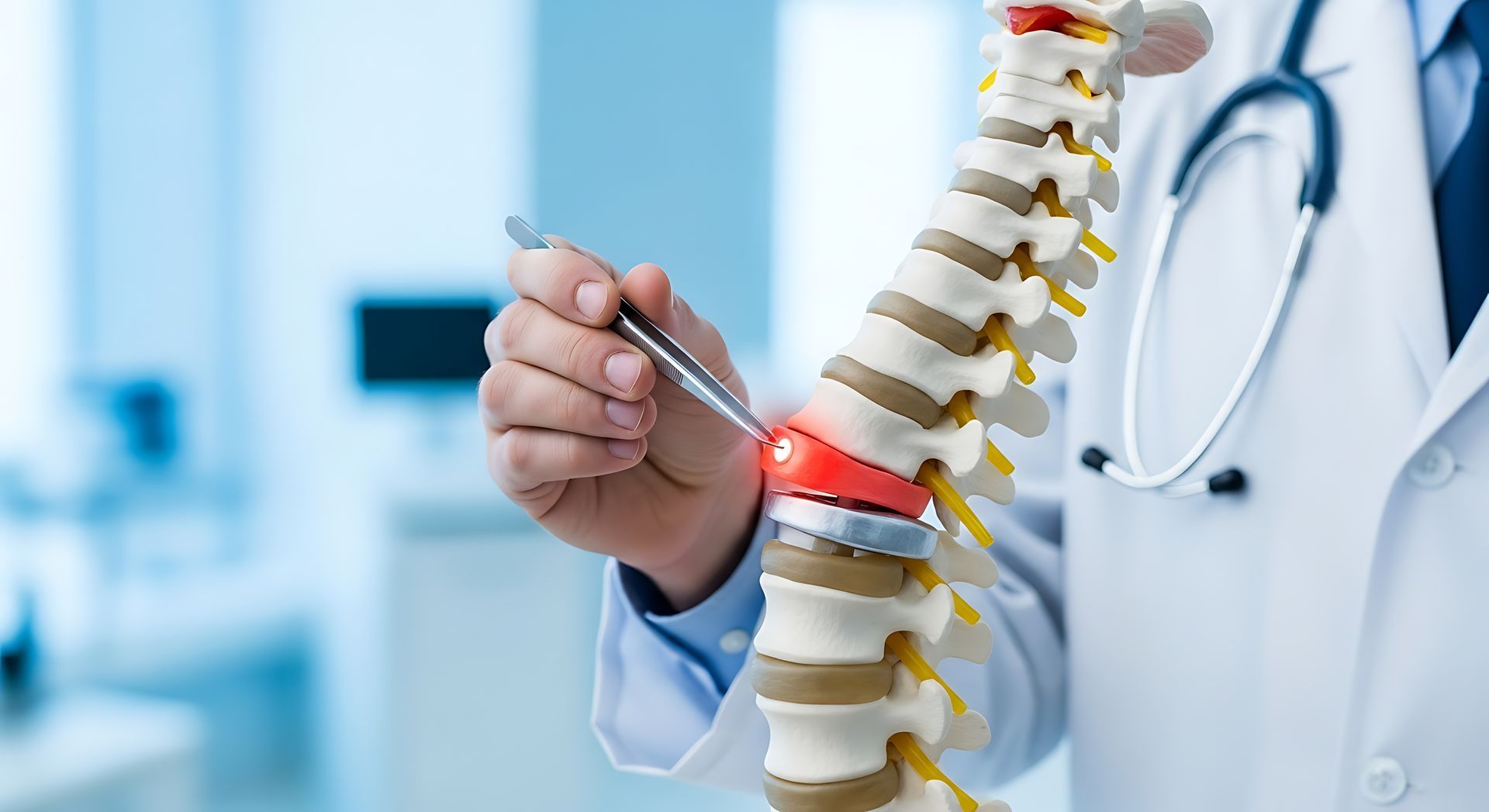 A spine pain management physician demonstrating spinal anatomy.