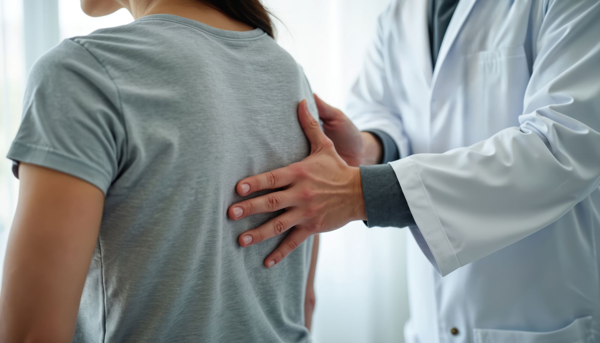 A chronic pain management physician examining a patient’s back during a consultation. A chronic pain management physician examining a patient’s back during a consultation.