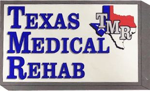 Texas Medical Rehab logo with blue text, a Texas outline in red, white, and blue, and the letters 