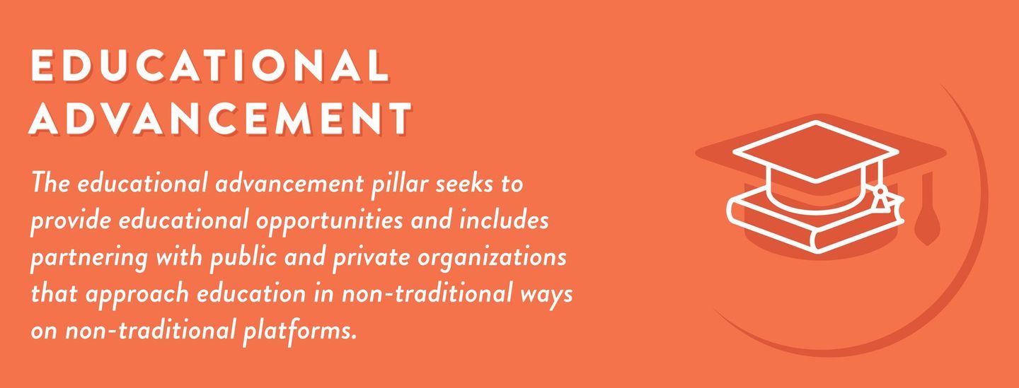 The educational advancement pillar seeks to provide educational opportunities and includes partnering with public and private organizations that approach education in non-traditional ways on non-traditional platforms.