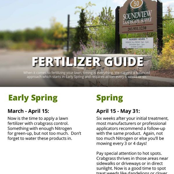 Fertilizer guide with seasonal lawn care tips, including crabgrass control and nitrogen advice.