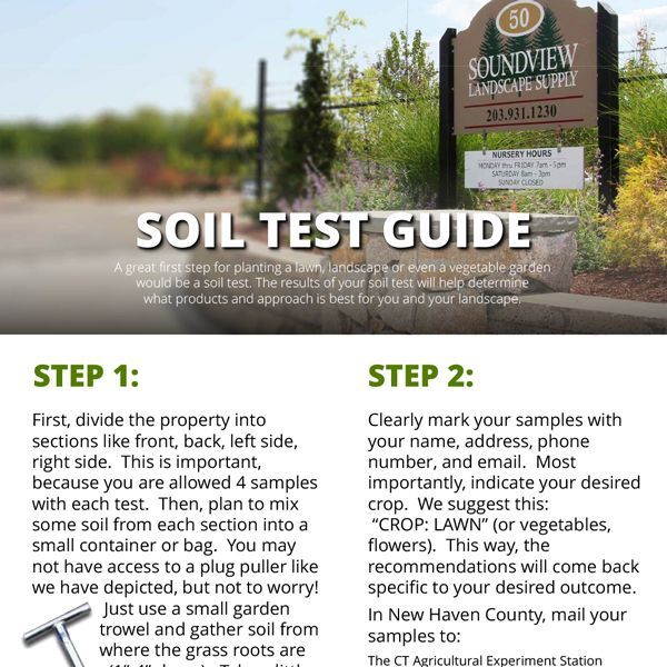 Soil test guide with instructions: divide property into sections, mark samples with name, and desired crop.
