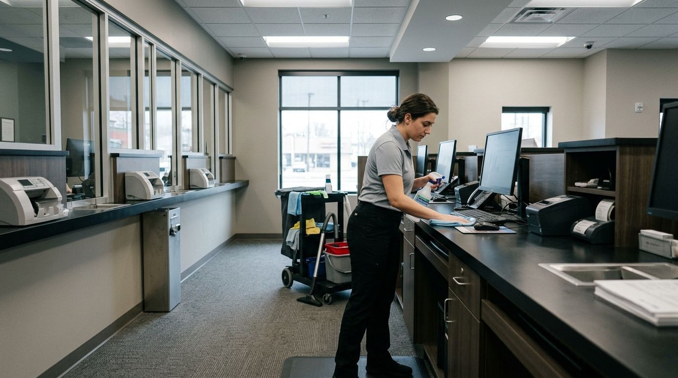 Janitor cleaning bank teller counter and customer service area in Savage, MN