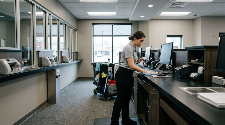 Janitor cleaning bank teller counter and customer service area in Savage, MN