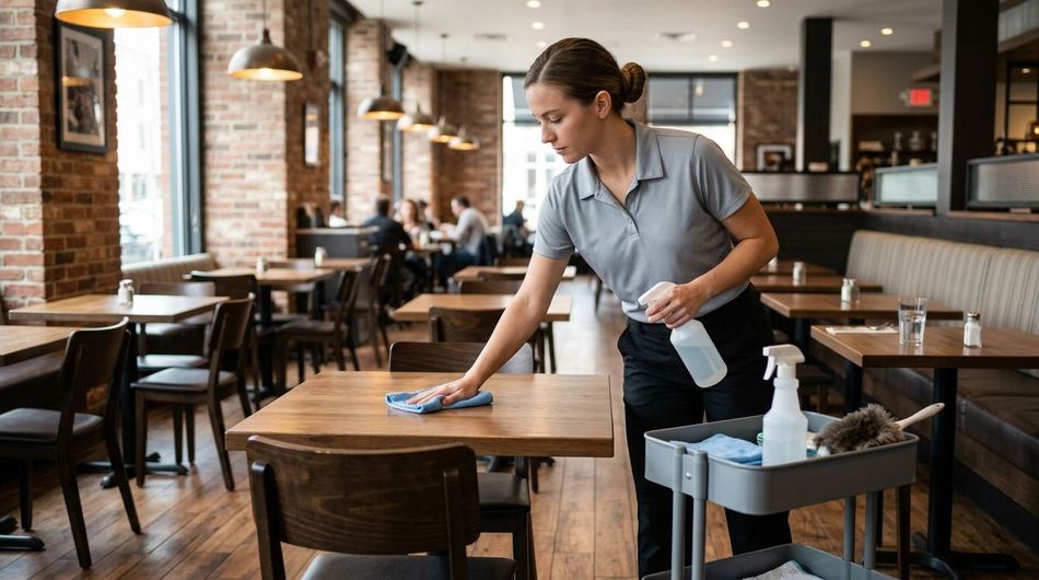 Professional cleaning and disinfecting of a wooden dining table with a microfiber cloth and spray bottle in a restaurant dining room in Savage, MN.
