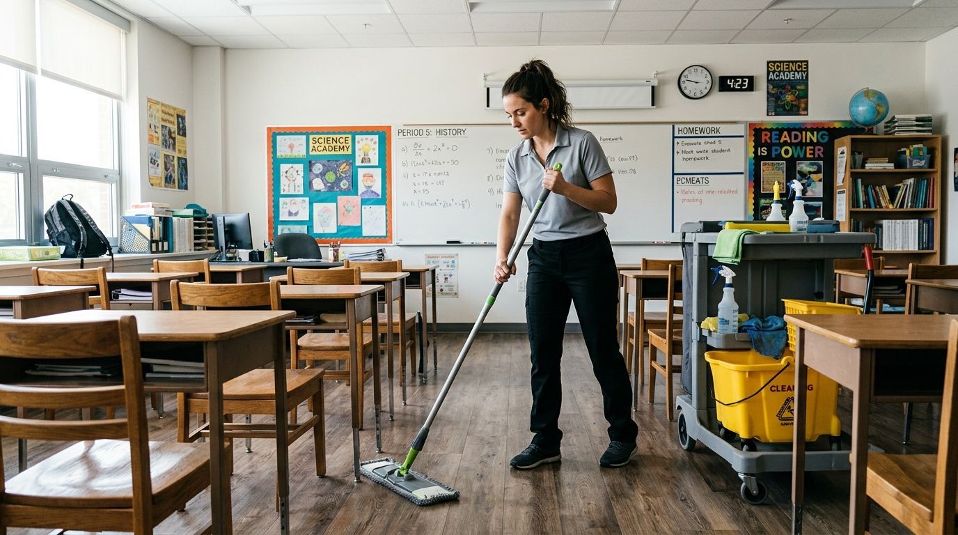 Professional cleaner mopping classroom floor around student desks and learning areas in Savage, MN.