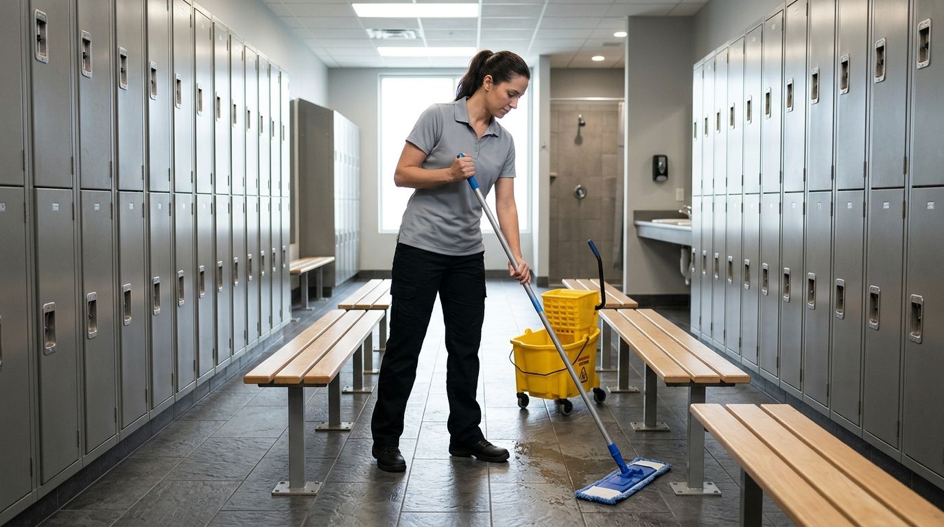 Professional cleaner mopping locker room floor and between benches and lockers and shower area, Savage, MN