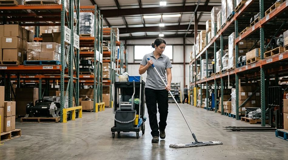 Professional cleaner, mopping, warehouse, aisle, floor, between storage racks, and cleaning cart in Savage, MN
