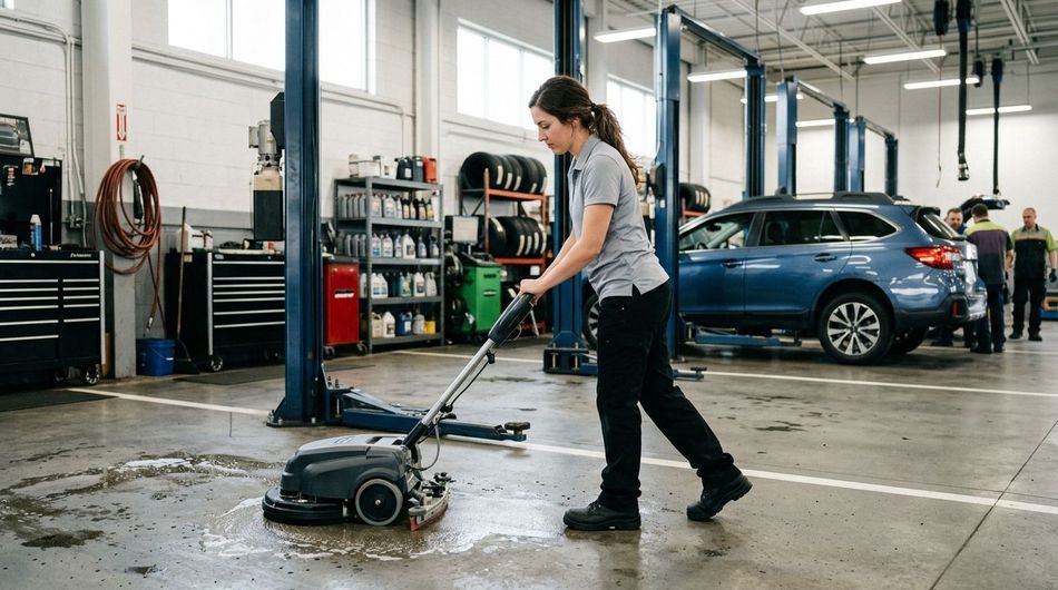 Professional cleaner using floor scrubber to deep clean auto service bay floor around vehicle lifts in Savage, MN