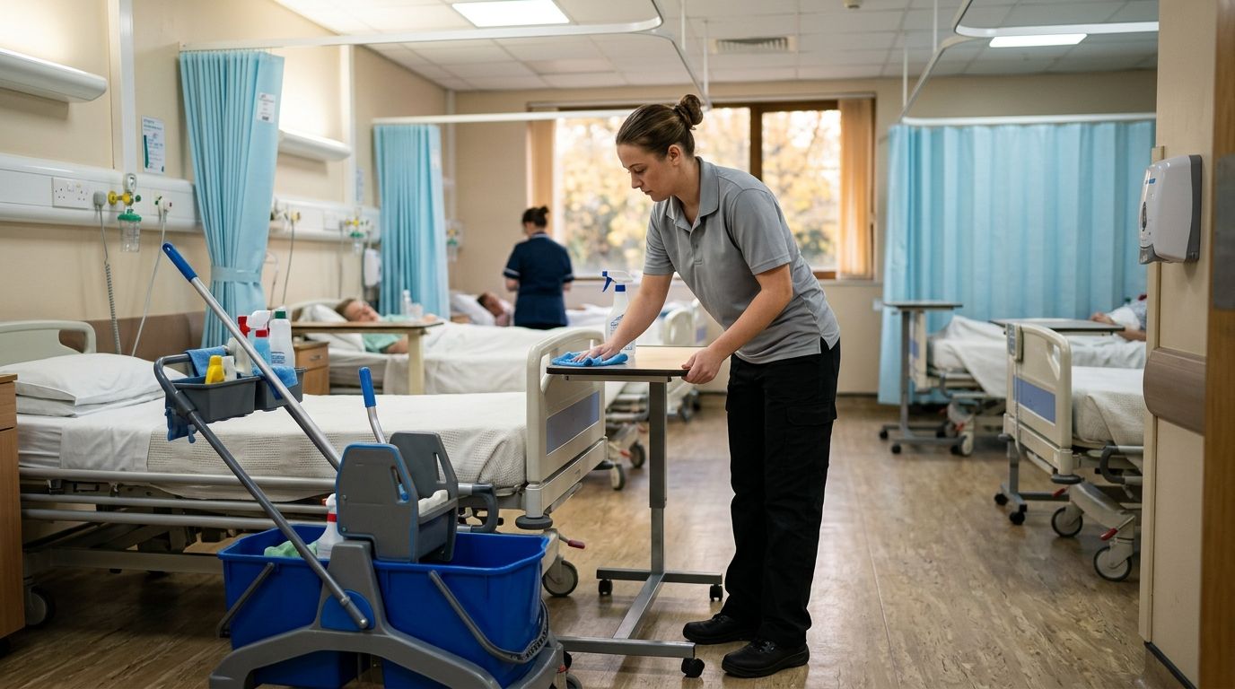 Professional cleaner wiping down hospital room equipment and patient care surfaces in Savage, MN.