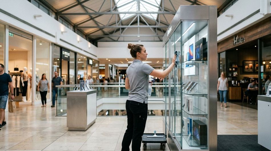 Professional cleaner wiping glass, retail, display case, with disinfectant cloth in shopping mall, Savage, MN