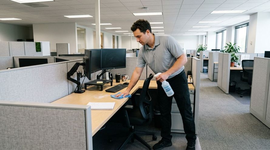 Professional cleaner wiping office desk and sanitizing workstation in cubicle area in Savage, MN