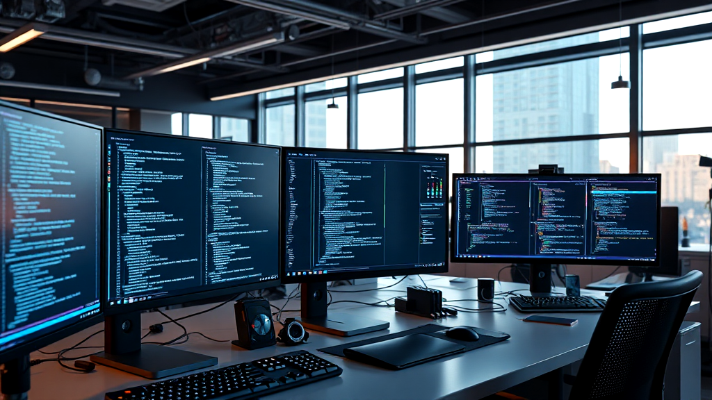 A row of computer monitors sitting on top of a desk in an office.