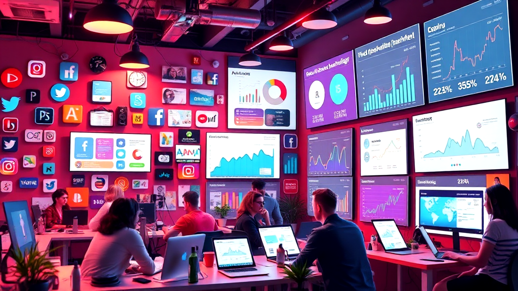 A group of people are sitting at tables in front of a wall filled with lots of monitors.