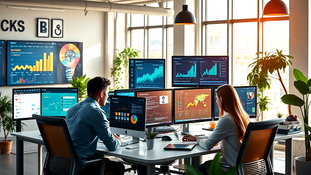 A man and a woman are sitting at a desk in front of computer monitors.