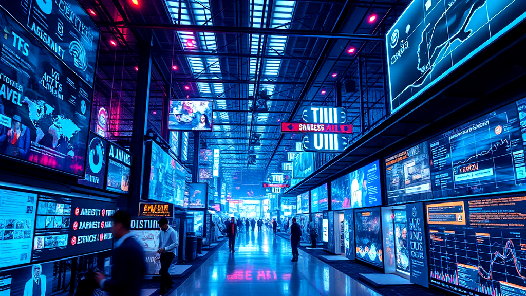 A long hallway filled with lots of neon lights and signs.