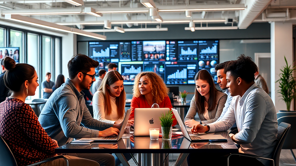 A group of people are sitting around a table with laptops.