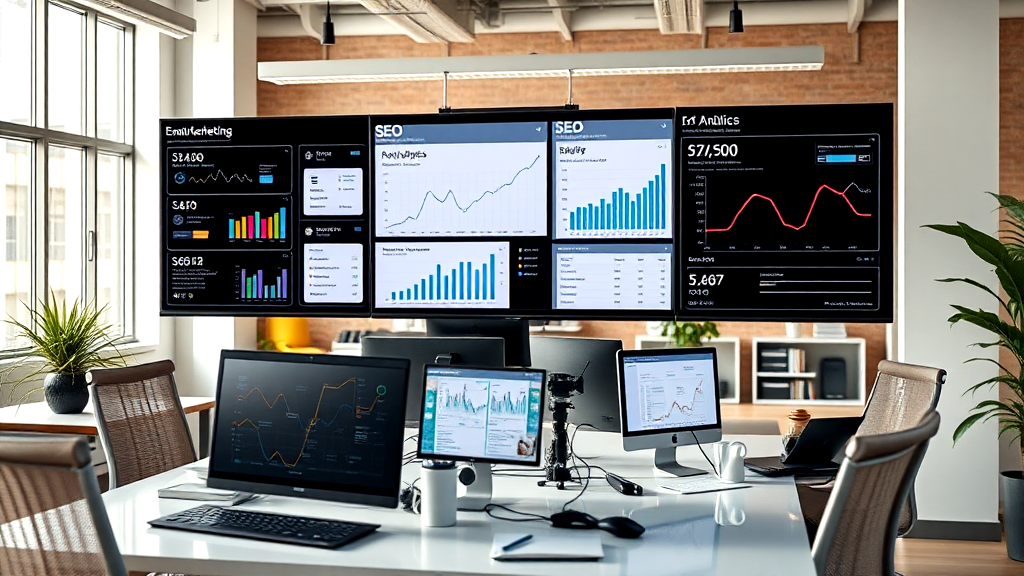 A desk with a lot of computer monitors on it.