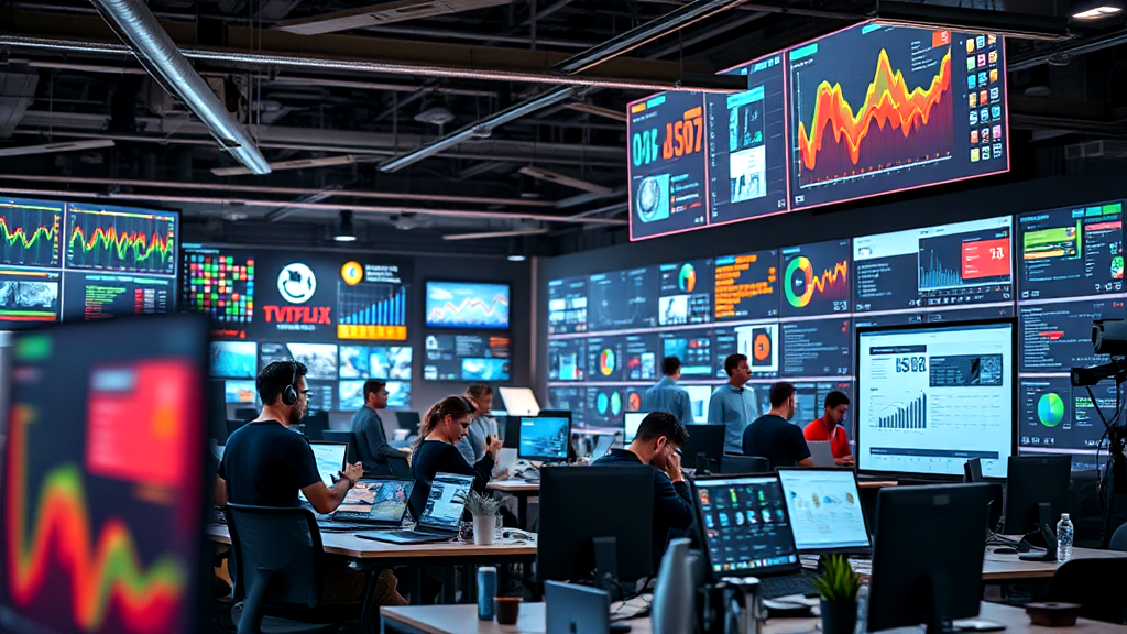 A group of people are sitting at desks in front of computer monitors in a control room.